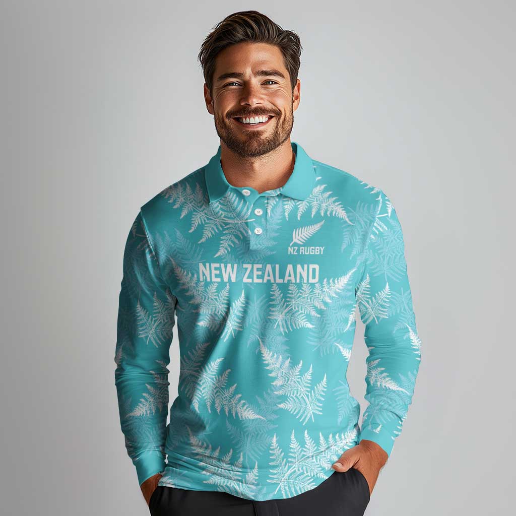 New Zealand Silver Fern Rugby Custom Long Sleeve Polo Shirt Go Aotearoa Champions Turquoise Version - Polynesian Pride