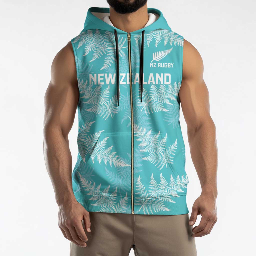 New Zealand Silver Fern Rugby Custom Sleeveless Zip Hoodie Go Aotearoa Champions Turquoise Version - Polynesian Pride