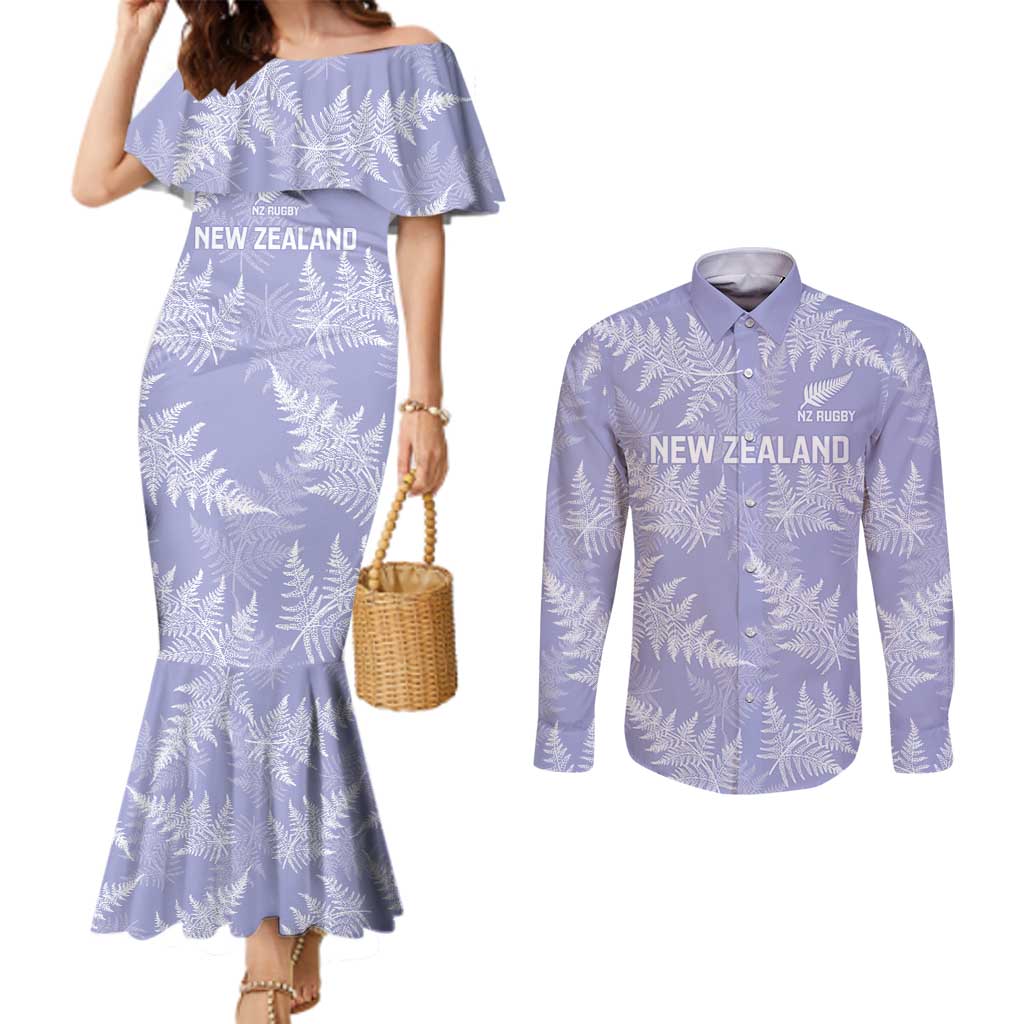 New Zealand Silver Fern Rugby Custom Couples Matching Mermaid Dress and Long Sleeve Button Shirt Go Aotearoa Champions Purple Version - Polynesian Pride