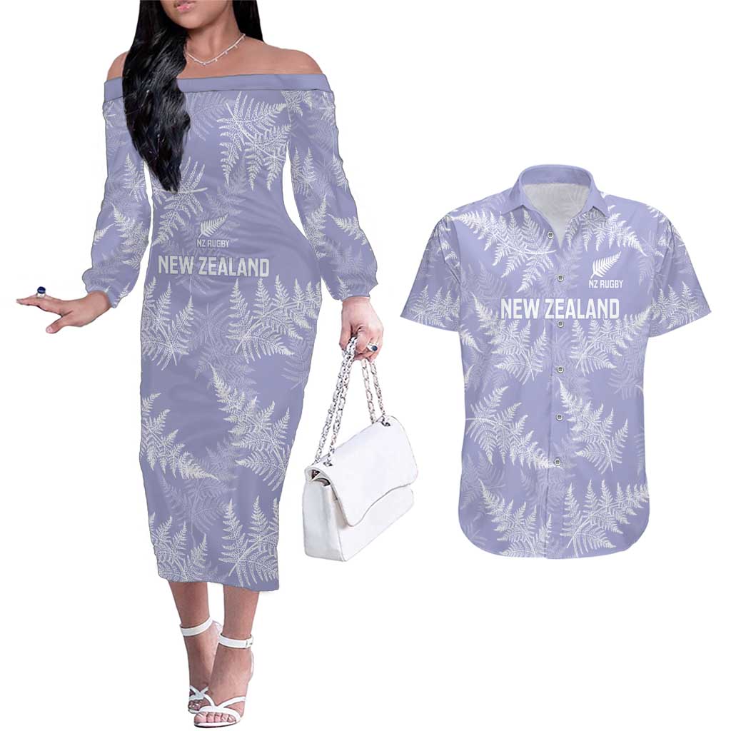 New Zealand Silver Fern Rugby Custom Couples Matching Off The Shoulder Long Sleeve Dress and Hawaiian Shirt Go Aotearoa Champions Purple Version - Polynesian Pride