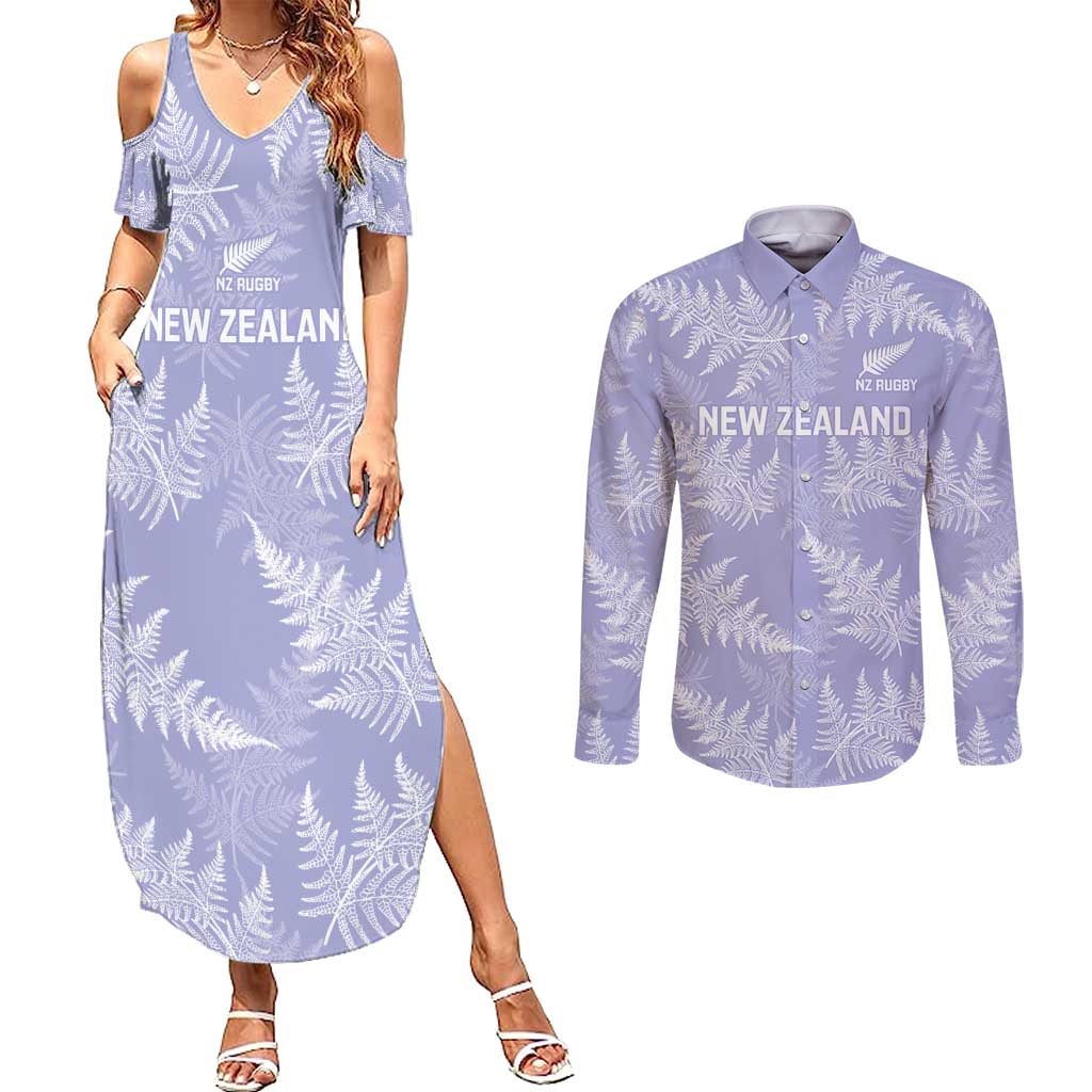 New Zealand Silver Fern Rugby Custom Couples Matching Summer Maxi Dress and Long Sleeve Button Shirt Go Aotearoa Champions Purple Version - Polynesian Pride