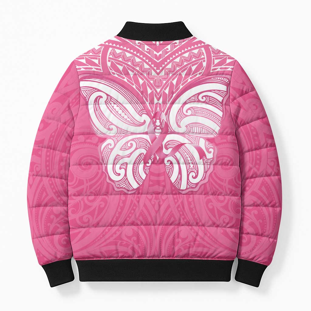 New Zealand Breast Cancer Awareness Bomber Puffer Jacket Maori Butterfly Pink Ribbon - Polynesian Pride