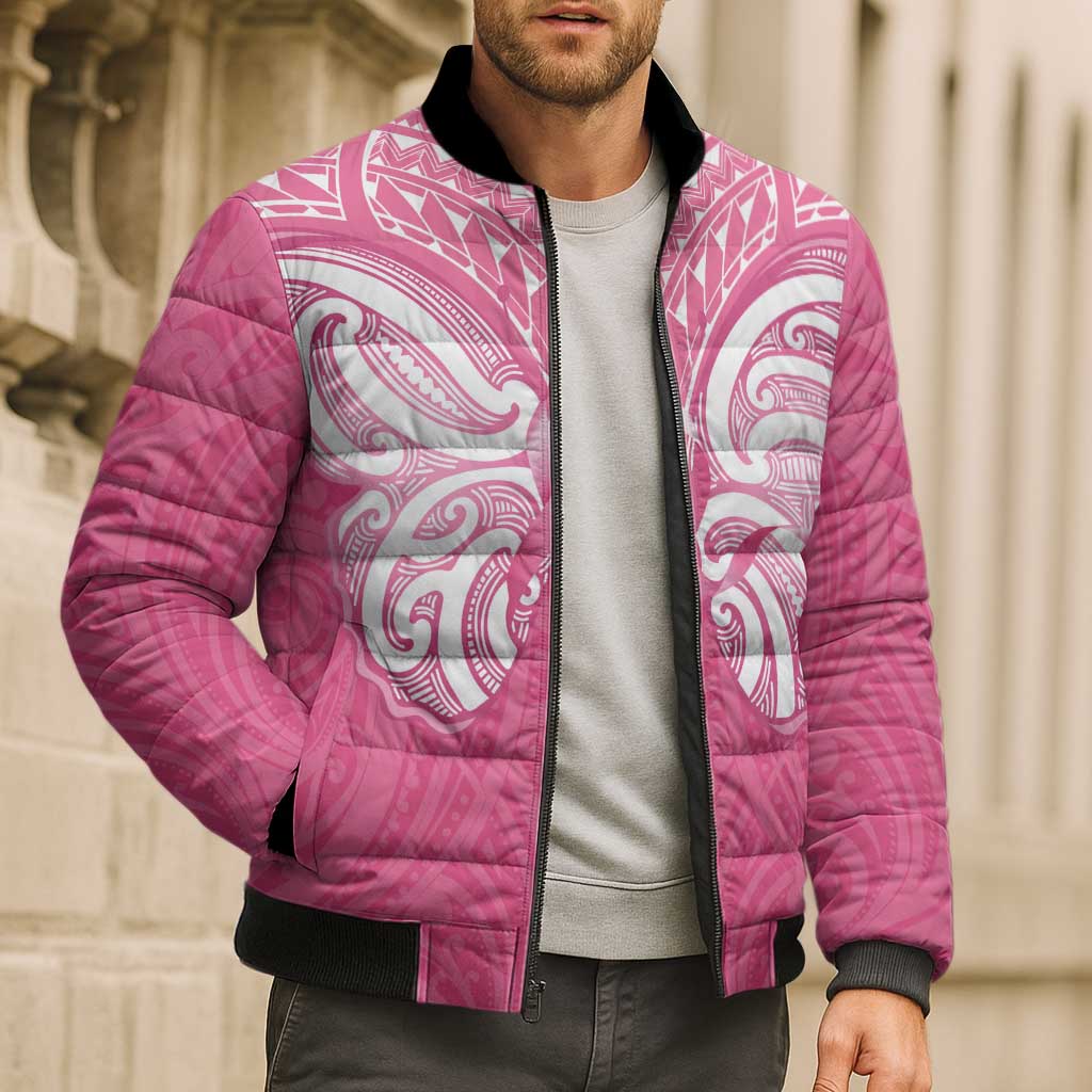New Zealand Breast Cancer Awareness Bomber Puffer Jacket Maori Butterfly Pink Ribbon - Polynesian Pride