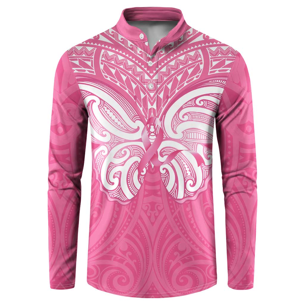 New Zealand Breast Cancer Awareness Button Sweatshirt Maori Butterfly Pink Ribbon - Polynesian Pride