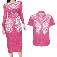 New Zealand Breast Cancer Awareness Couples Matching Long Sleeve Bodycon Dress and Hawaiian Shirt Maori Butterfly Pink Ribbon - Polynesian Pride