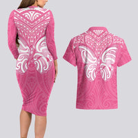 New Zealand Breast Cancer Awareness Couples Matching Long Sleeve Bodycon Dress and Hawaiian Shirt Maori Butterfly Pink Ribbon - Polynesian Pride