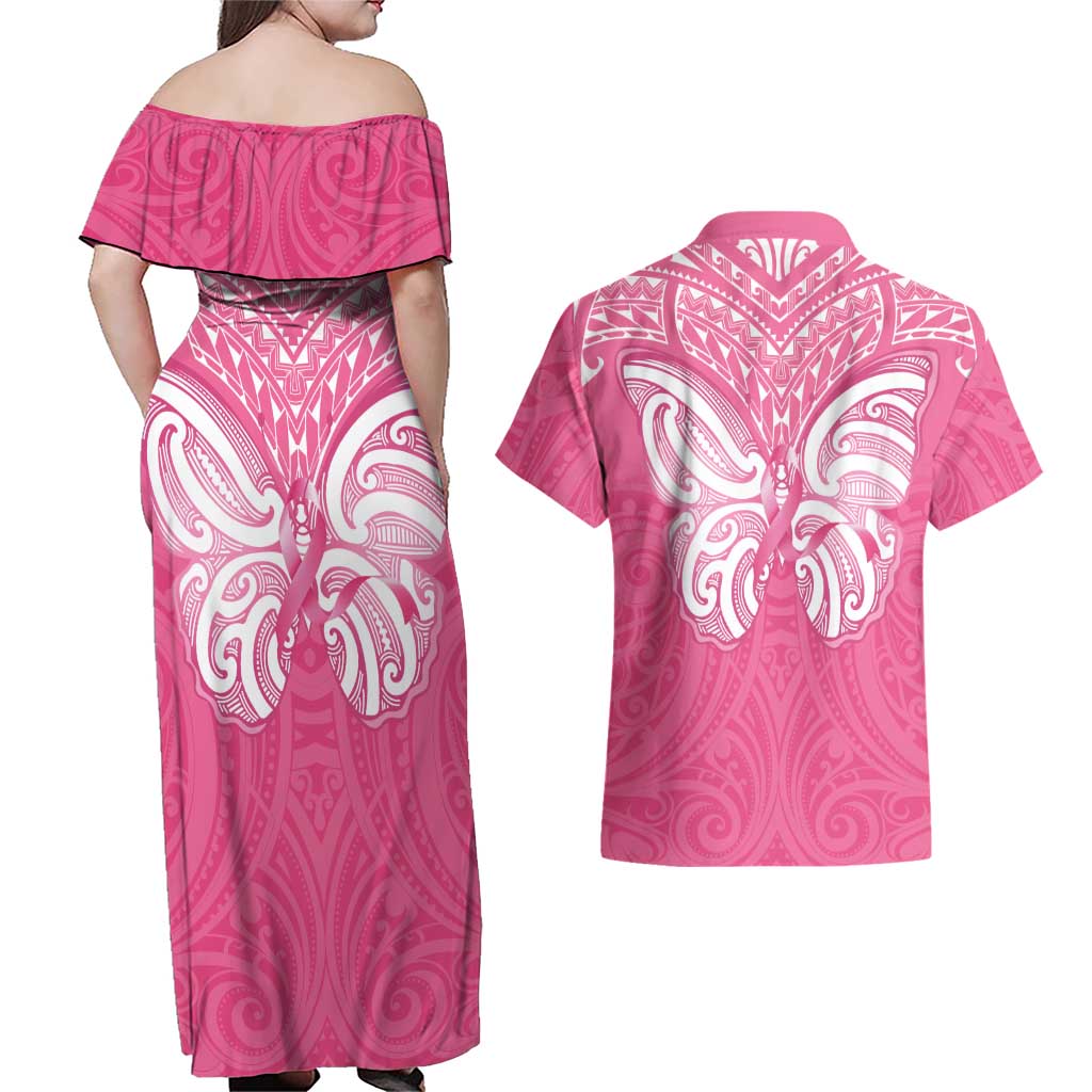 New Zealand Breast Cancer Awareness Couples Matching Off Shoulder Maxi Dress and Hawaiian Shirt Maori Butterfly Pink Ribbon - Polynesian Pride
