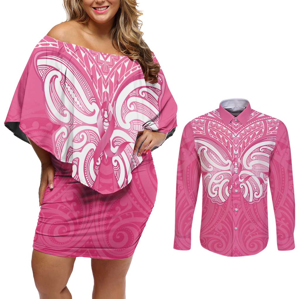 New Zealand Breast Cancer Awareness Couples Matching Off Shoulder Short Dress and Long Sleeve Button Shirt Maori Butterfly Pink Ribbon - Polynesian Pride
