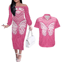 New Zealand Breast Cancer Awareness Couples Matching Off The Shoulder Long Sleeve Dress and Hawaiian Shirt Maori Butterfly Pink Ribbon - Polynesian Pride