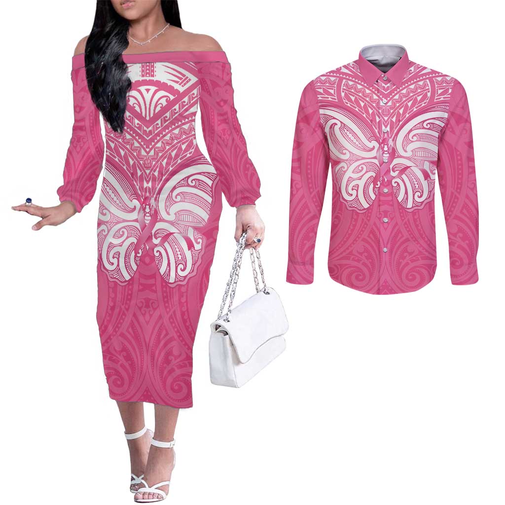 New Zealand Breast Cancer Awareness Couples Matching Off The Shoulder Long Sleeve Dress and Long Sleeve Button Shirt Maori Butterfly Pink Ribbon - Polynesian Pride