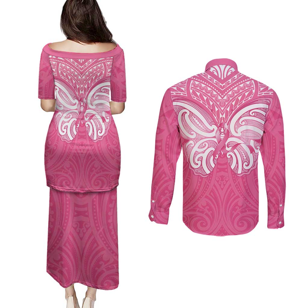New Zealand Breast Cancer Awareness Couples Matching Puletasi and Long Sleeve Button Shirt Maori Butterfly Pink Ribbon - Polynesian Pride