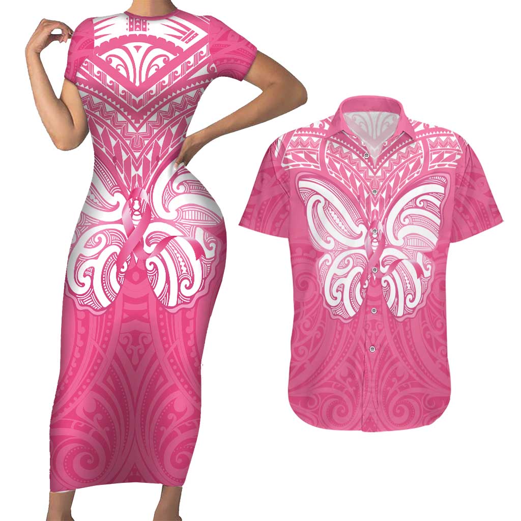New Zealand Breast Cancer Awareness Couples Matching Short Sleeve Bodycon Dress and Hawaiian Shirt Maori Butterfly Pink Ribbon - Polynesian Pride
