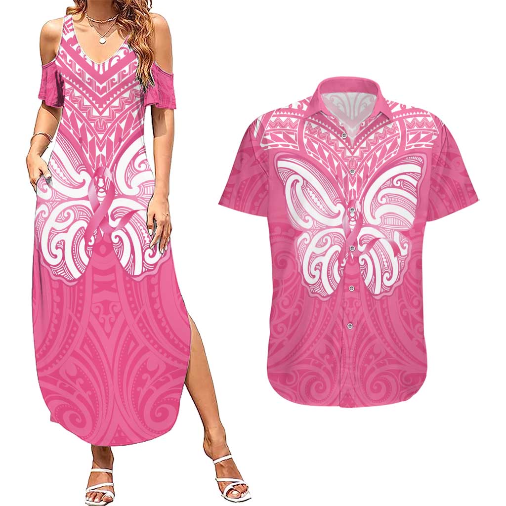 New Zealand Breast Cancer Awareness Couples Matching Summer Maxi Dress and Hawaiian Shirt Maori Butterfly Pink Ribbon - Polynesian Pride