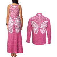 New Zealand Breast Cancer Awareness Couples Matching Tank Maxi Dress and Long Sleeve Button Shirt Maori Butterfly Pink Ribbon - Polynesian Pride