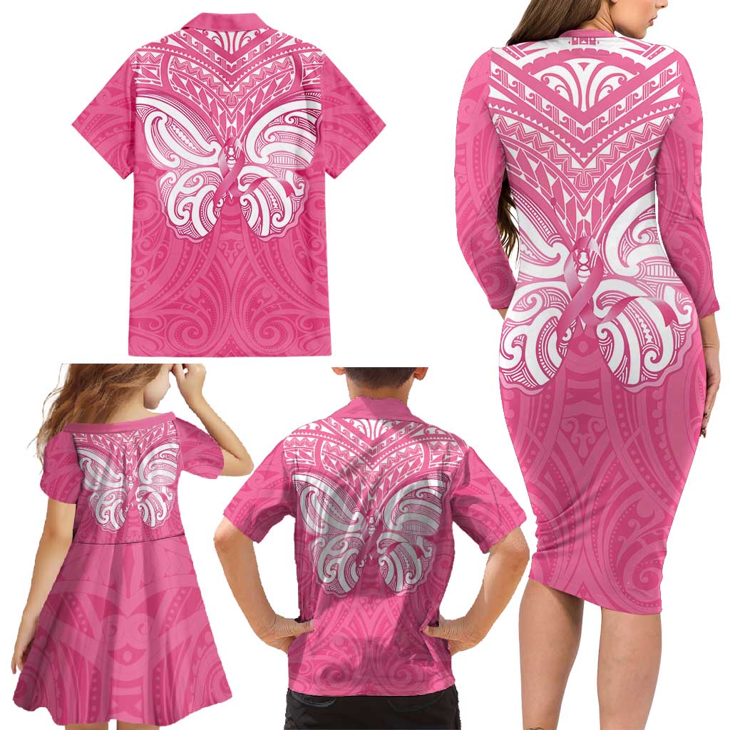 New Zealand Breast Cancer Awareness Family Matching Long Sleeve Bodycon Dress and Hawaiian Shirt Maori Butterfly Pink Ribbon LT14 - Polynesian Pride