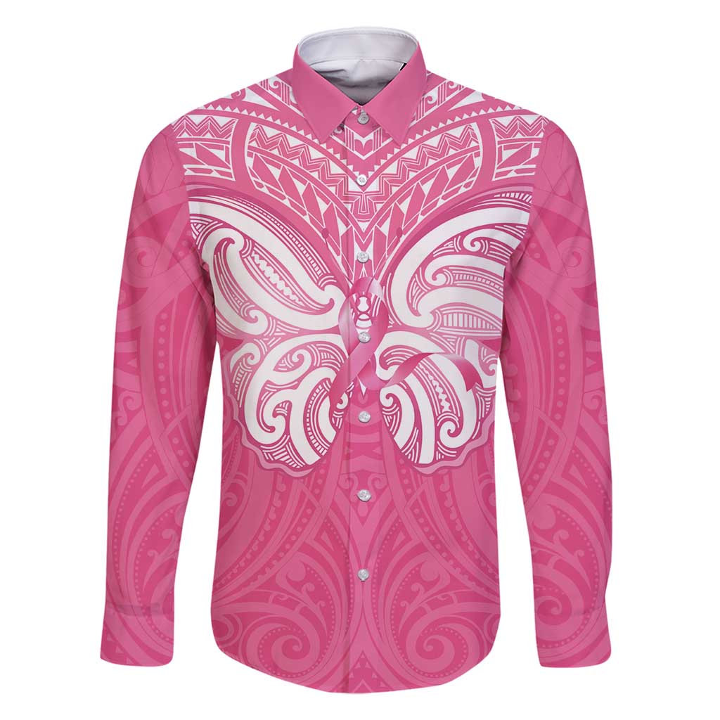 New Zealand Breast Cancer Awareness Family Matching Long Sleeve Bodycon Dress and Hawaiian Shirt Maori Butterfly Pink Ribbon LT14 Dad's Shirt - Long Sleeve Pink - Polynesian Pride