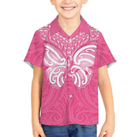 New Zealand Breast Cancer Awareness Family Matching Long Sleeve Bodycon Dress and Hawaiian Shirt Maori Butterfly Pink Ribbon LT14 Son's Shirt Pink - Polynesian Pride