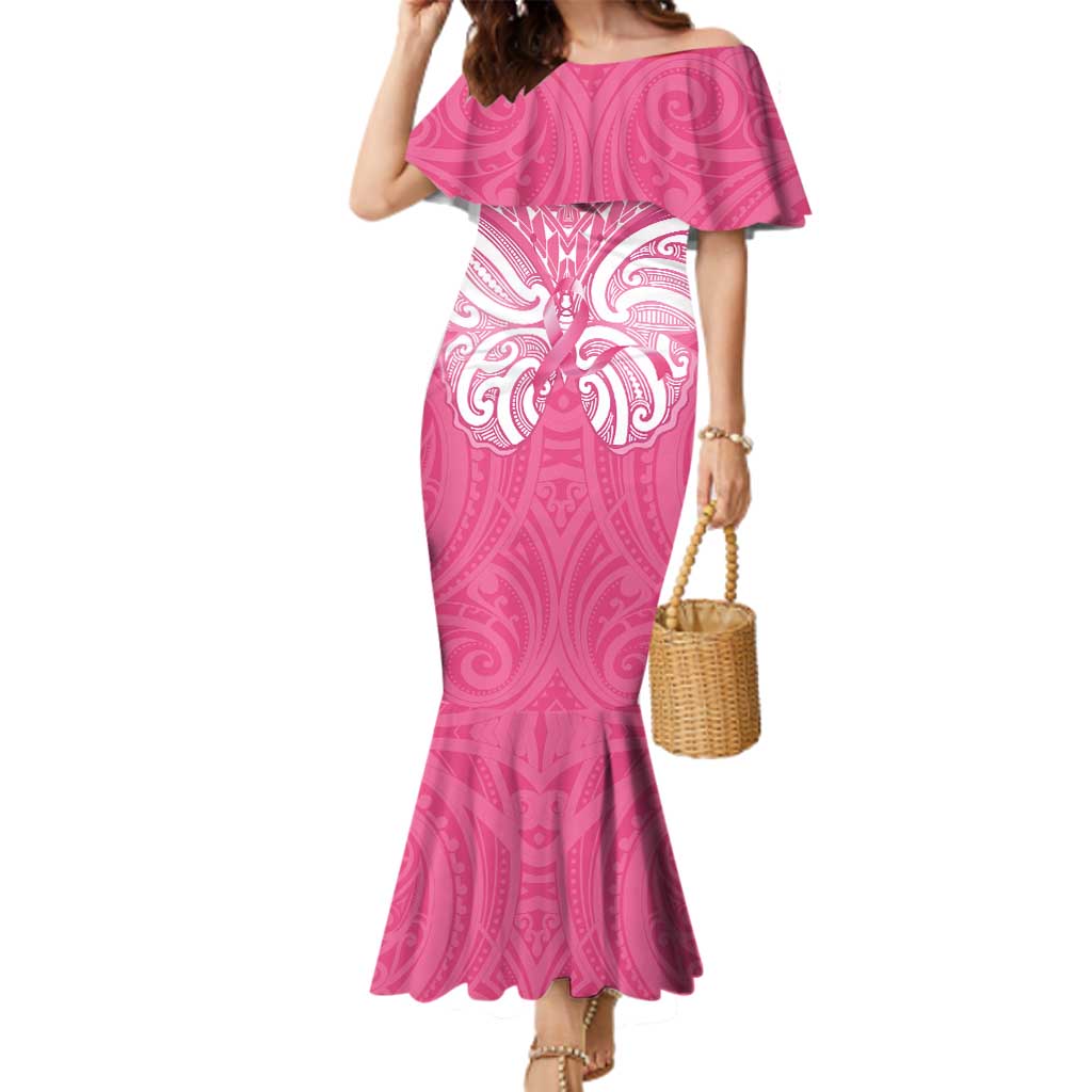 New Zealand Breast Cancer Awareness Family Matching Mermaid Dress and Hawaiian Shirt Maori Butterfly Pink Ribbon LT14 Mom's Dress Pink - Polynesian Pride