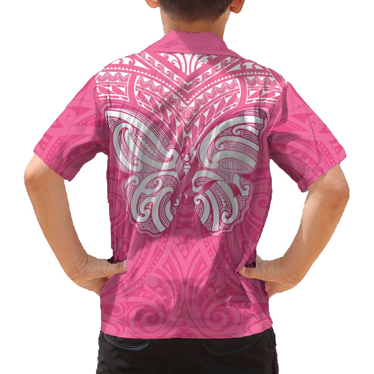 New Zealand Breast Cancer Awareness Family Matching Off The Shoulder Long Sleeve Dress and Hawaiian Shirt Maori Butterfly Pink Ribbon - Polynesian Pride
