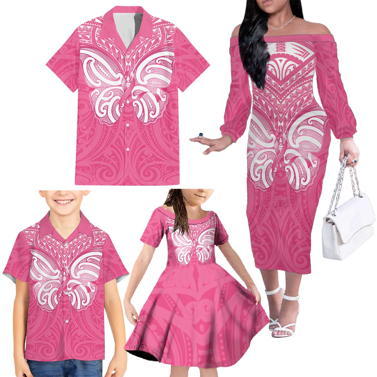 New Zealand Breast Cancer Awareness Family Matching Off The Shoulder Long Sleeve Dress and Hawaiian Shirt Maori Butterfly Pink Ribbon - Polynesian Pride