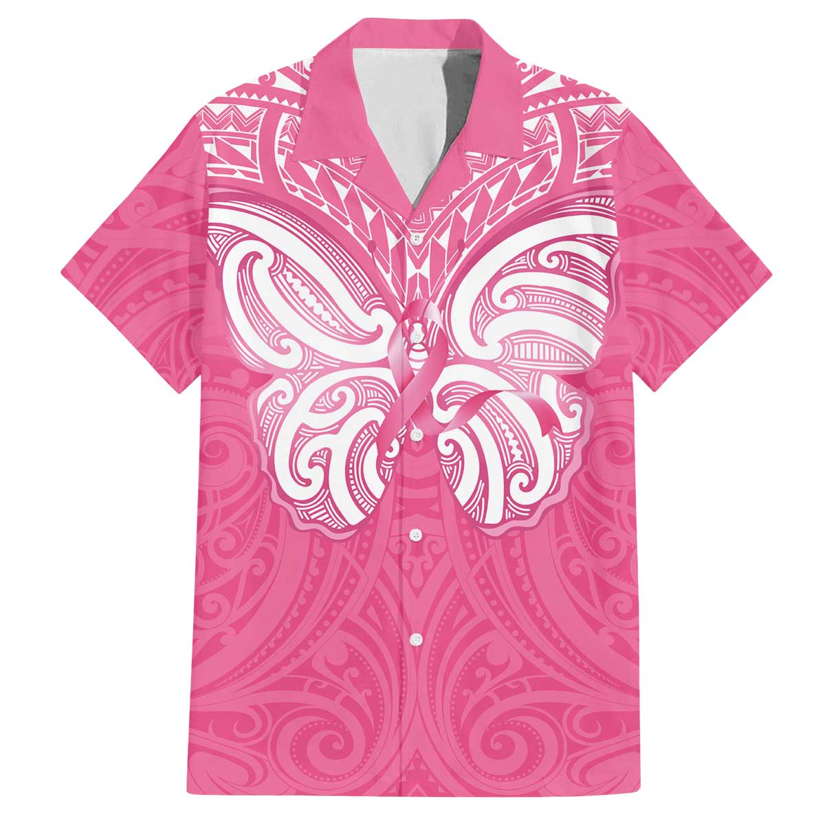 New Zealand Breast Cancer Awareness Family Matching Off The Shoulder Long Sleeve Dress and Hawaiian Shirt Maori Butterfly Pink Ribbon - Polynesian Pride