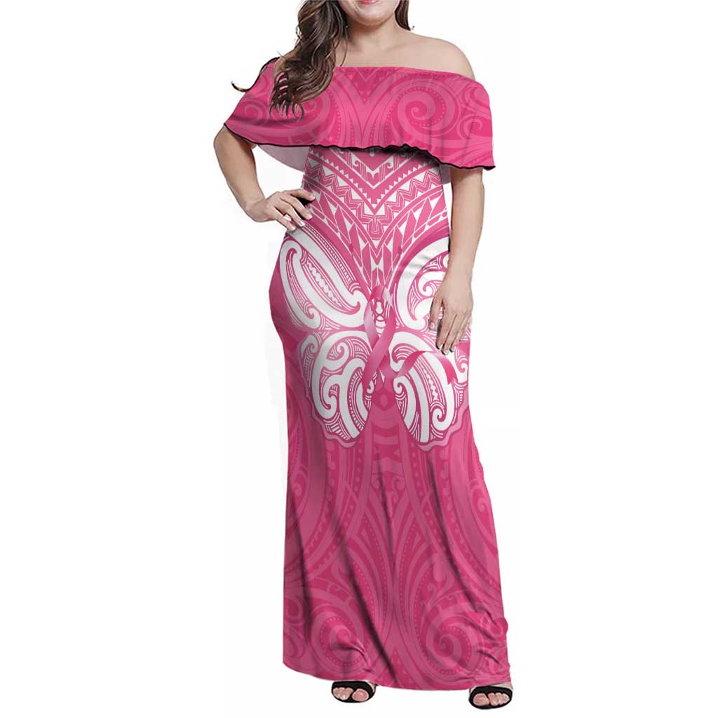 New Zealand Breast Cancer Awareness Family Matching Off Shoulder Maxi Dress and Hawaiian Shirt Maori Butterfly Pink Ribbon - Polynesian Pride