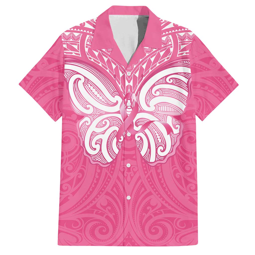 New Zealand Breast Cancer Awareness Family Matching Puletasi and Hawaiian Shirt Maori Butterfly Pink Ribbon - Polynesian Pride