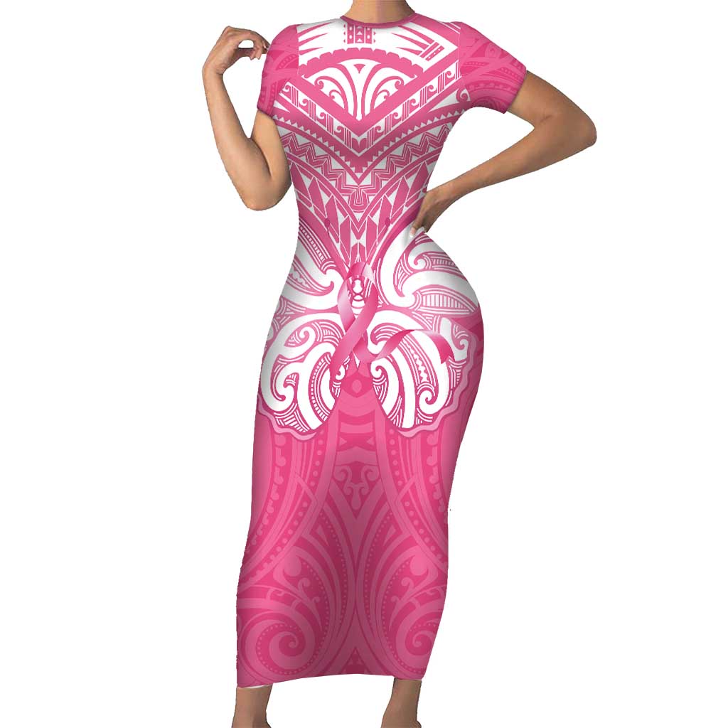New Zealand Breast Cancer Awareness Family Matching Short Sleeve Bodycon Dress and Hawaiian Shirt Maori Butterfly Pink Ribbon - Polynesian Pride