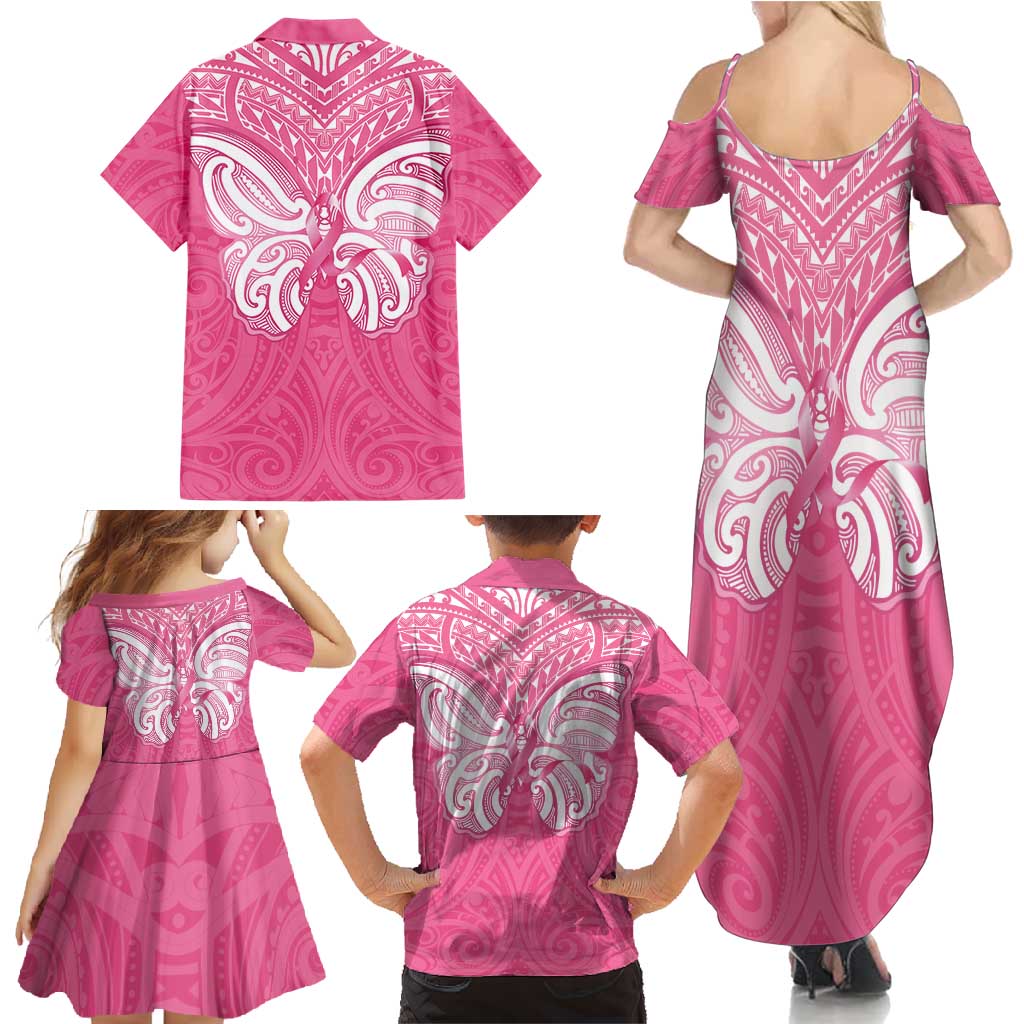 New Zealand Breast Cancer Awareness Family Matching Summer Maxi Dress and Hawaiian Shirt Maori Butterfly Pink Ribbon - Polynesian Pride
