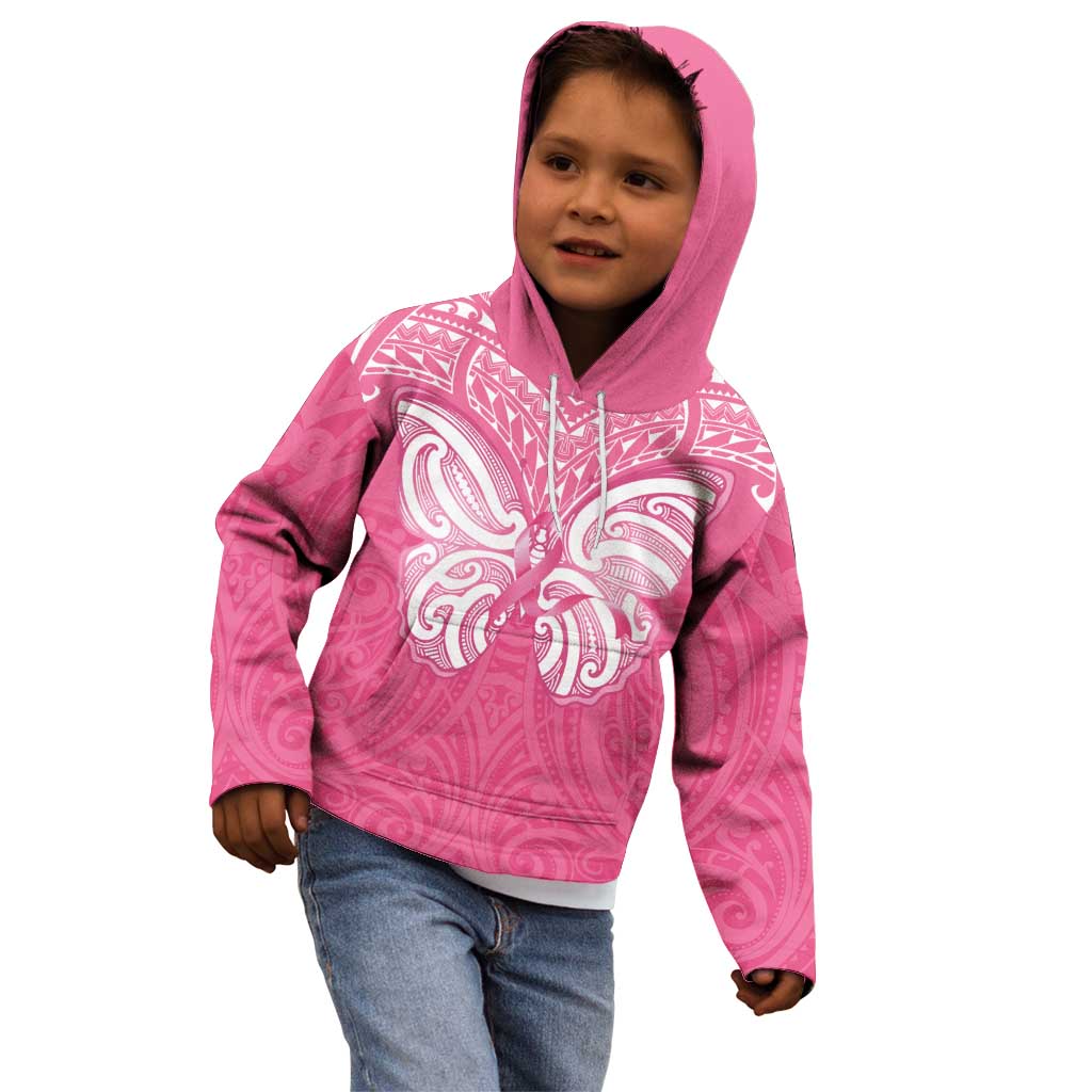 New Zealand Breast Cancer Awareness Kid Hoodie Maori Butterfly Pink Ribbon - Polynesian Pride