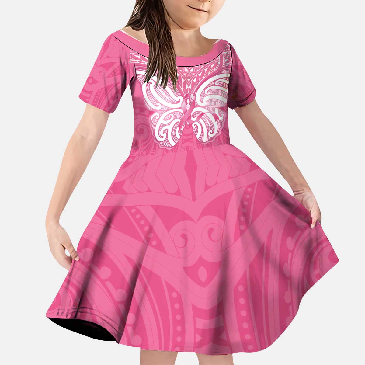 New Zealand Breast Cancer Awareness Kid Short Sleeve Dress Maori Butterfly Pink Ribbon - Polynesian Pride