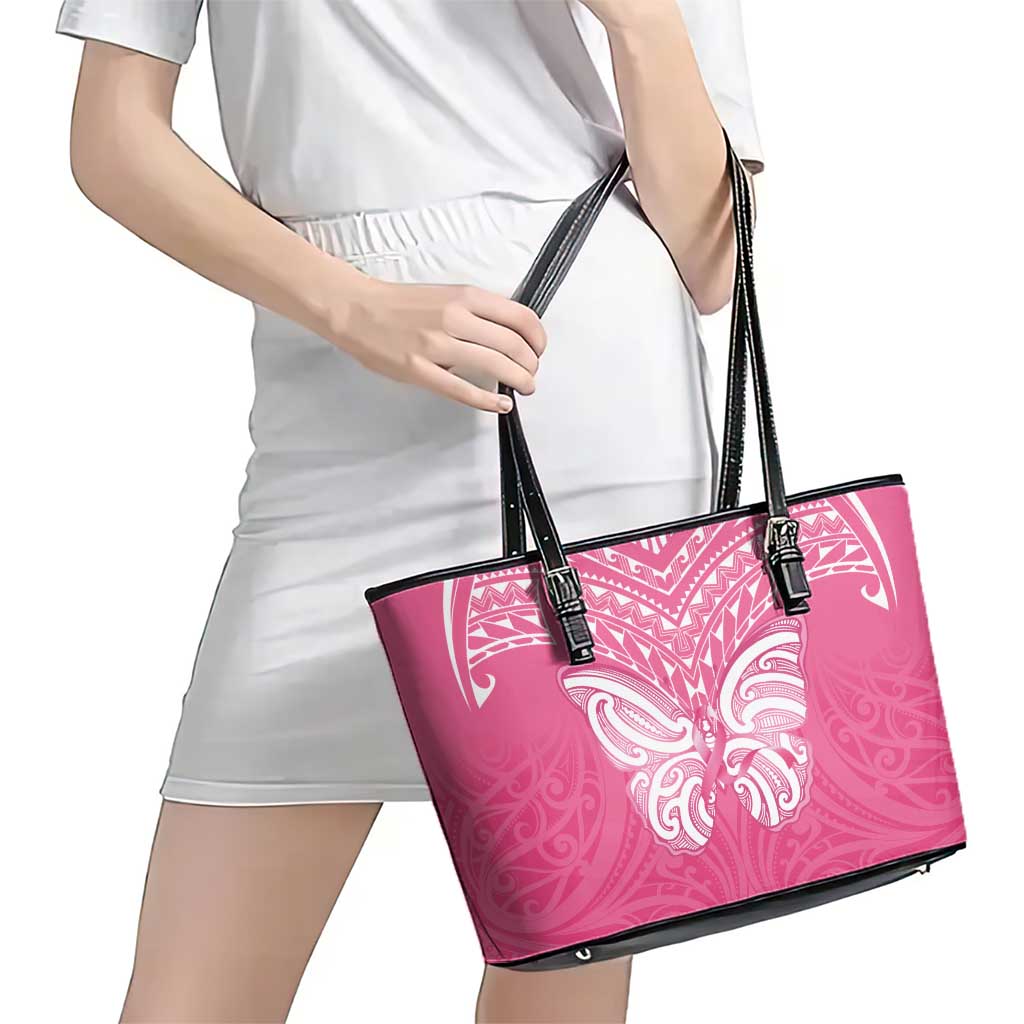 New Zealand Breast Cancer Awareness Leather Tote Bag Maori Butterfly Pink Ribbon - Polynesian Pride