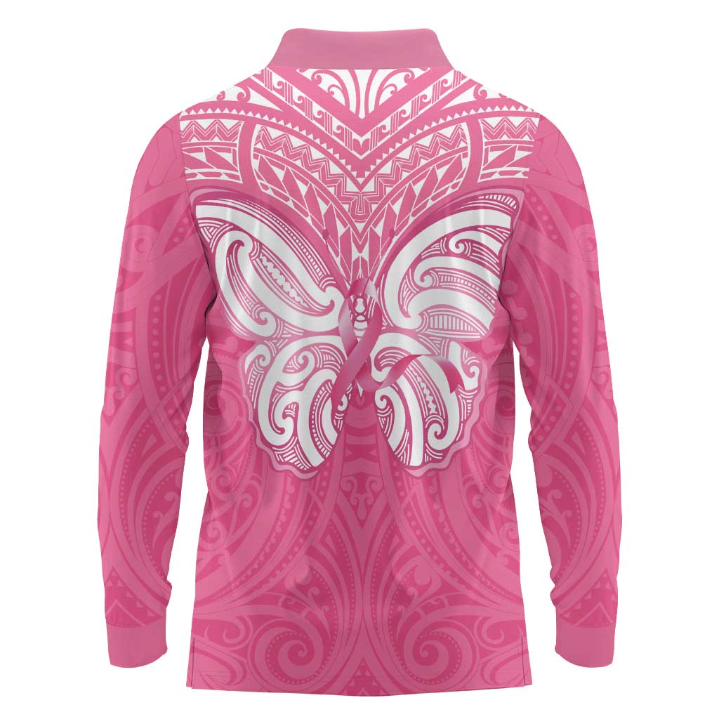 New Zealand Breast Cancer Awareness Long Sleeve Polo Shirt Maori Butterfly Pink Ribbon - Polynesian Pride