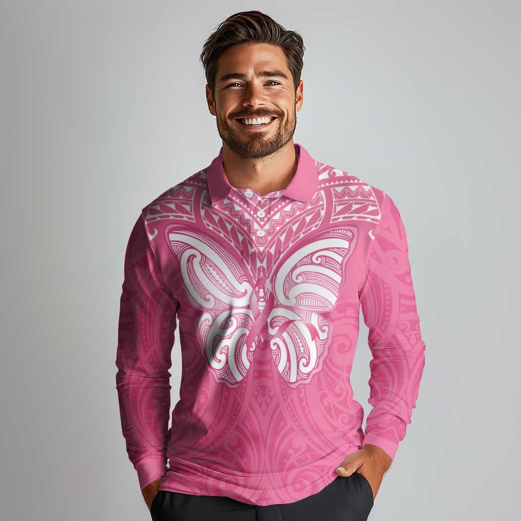 New Zealand Breast Cancer Awareness Long Sleeve Polo Shirt Maori Butterfly Pink Ribbon - Polynesian Pride