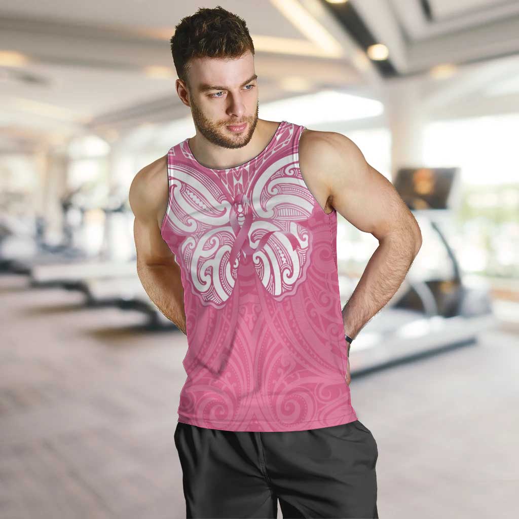 New Zealand Breast Cancer Awareness Men Tank Top Maori Butterfly Pink Ribbon - Polynesian Pride