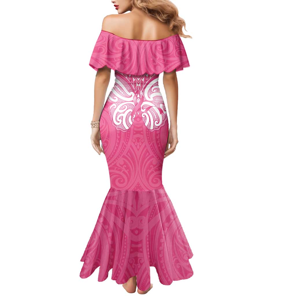New Zealand Breast Cancer Awareness Mermaid Dress Maori Butterfly Pink Ribbon - Polynesian Pride