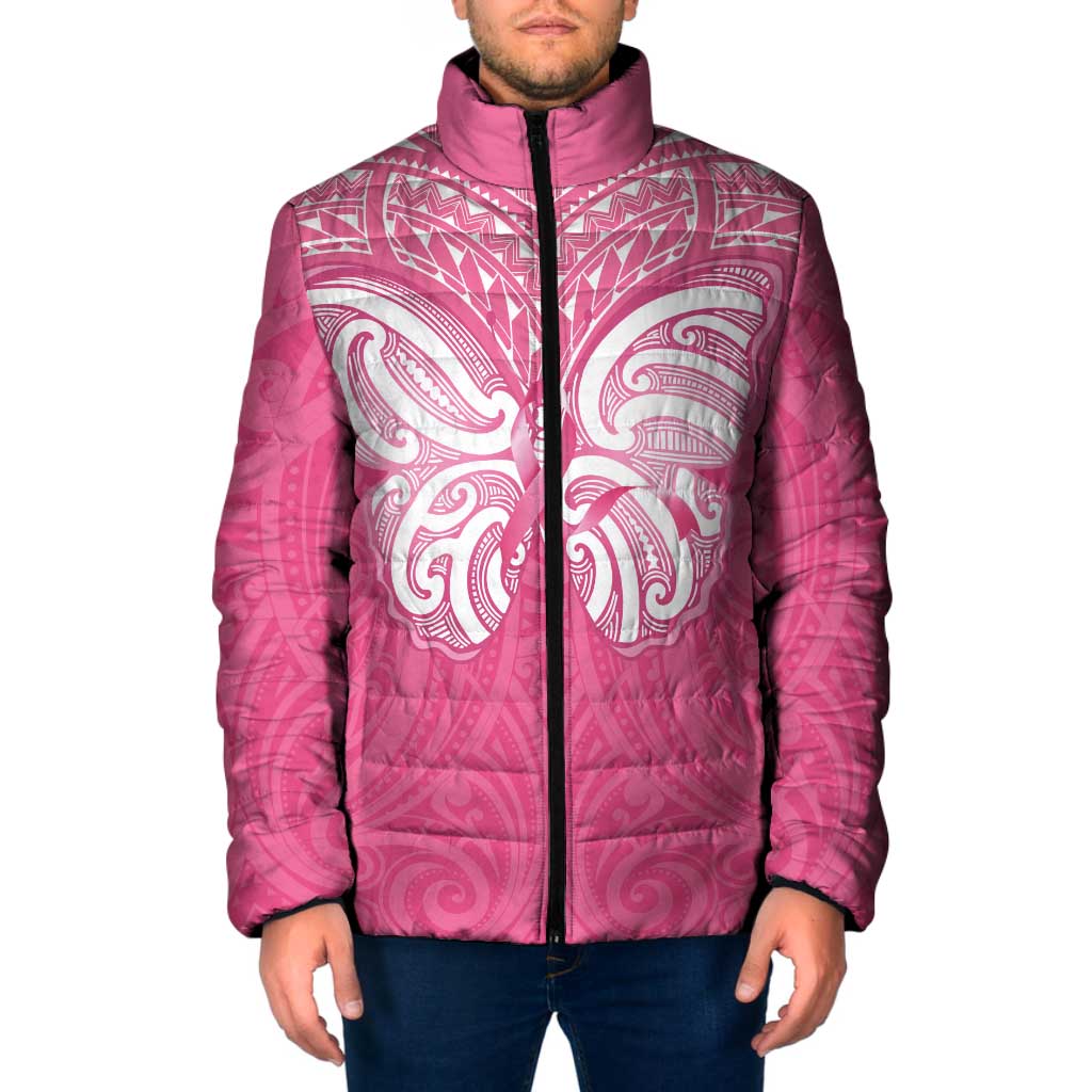 New Zealand Breast Cancer Awareness Padded Jacket Maori Butterfly Pink Ribbon - Polynesian Pride