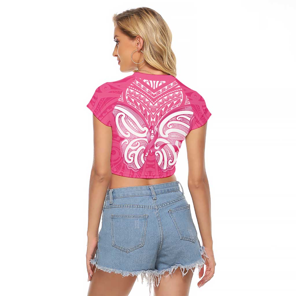 New Zealand Breast Cancer Awareness Raglan Cropped T Shirt Maori Butterfly Pink Ribbon - Polynesian Pride