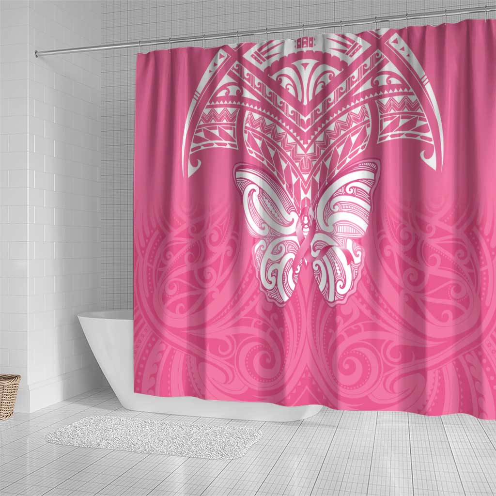 New Zealand Breast Cancer Awareness Shower Curtain Maori Butterfly Pink Ribbon - Polynesian Pride