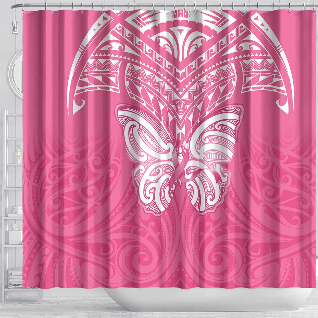 New Zealand Breast Cancer Awareness Shower Curtain Maori Butterfly Pink Ribbon - Polynesian Pride