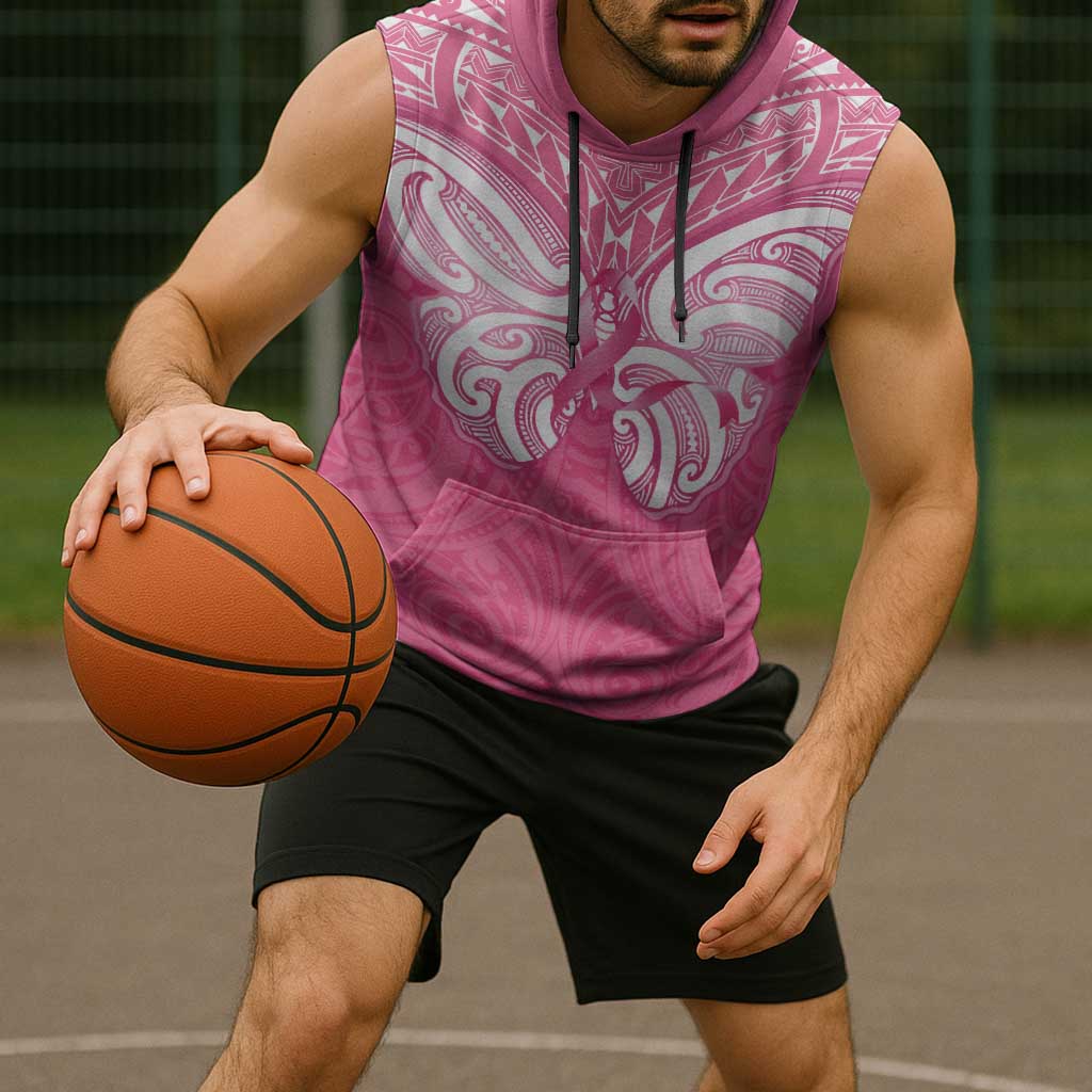 New Zealand Breast Cancer Awareness Sleeveless Hoodie Maori Butterfly Pink Ribbon - Polynesian Pride