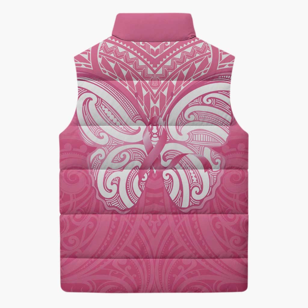 New Zealand Breast Cancer Awareness Sleeveless Puffer Jacket Maori Butterfly Pink Ribbon - Polynesian Pride