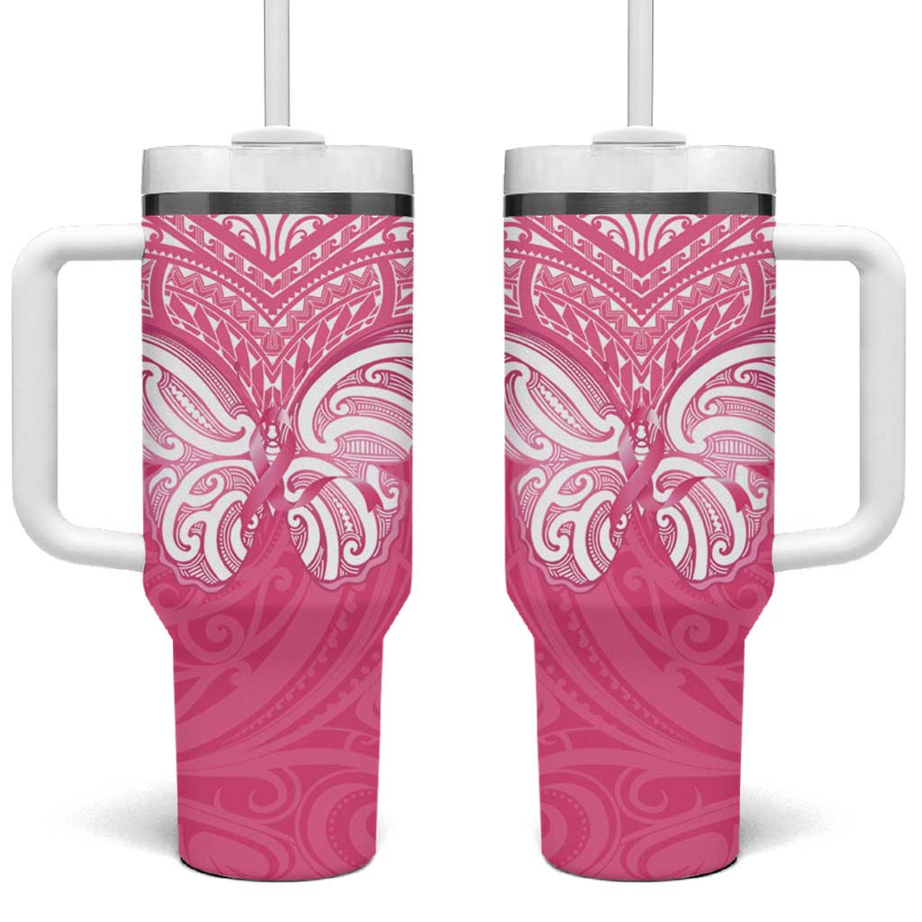 New Zealand Breast Cancer Awareness Tumbler With Handle Maori Butterfly Pink Ribbon - Polynesian Pride
