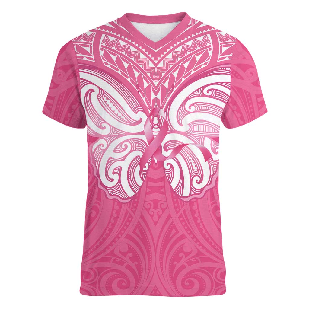New Zealand Breast Cancer Awareness Women V-Neck T-Shirt Maori Butterfly Pink Ribbon - Polynesian Pride