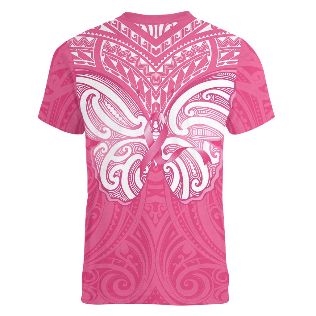 New Zealand Breast Cancer Awareness Women V-Neck T-Shirt Maori Butterfly Pink Ribbon - Polynesian Pride