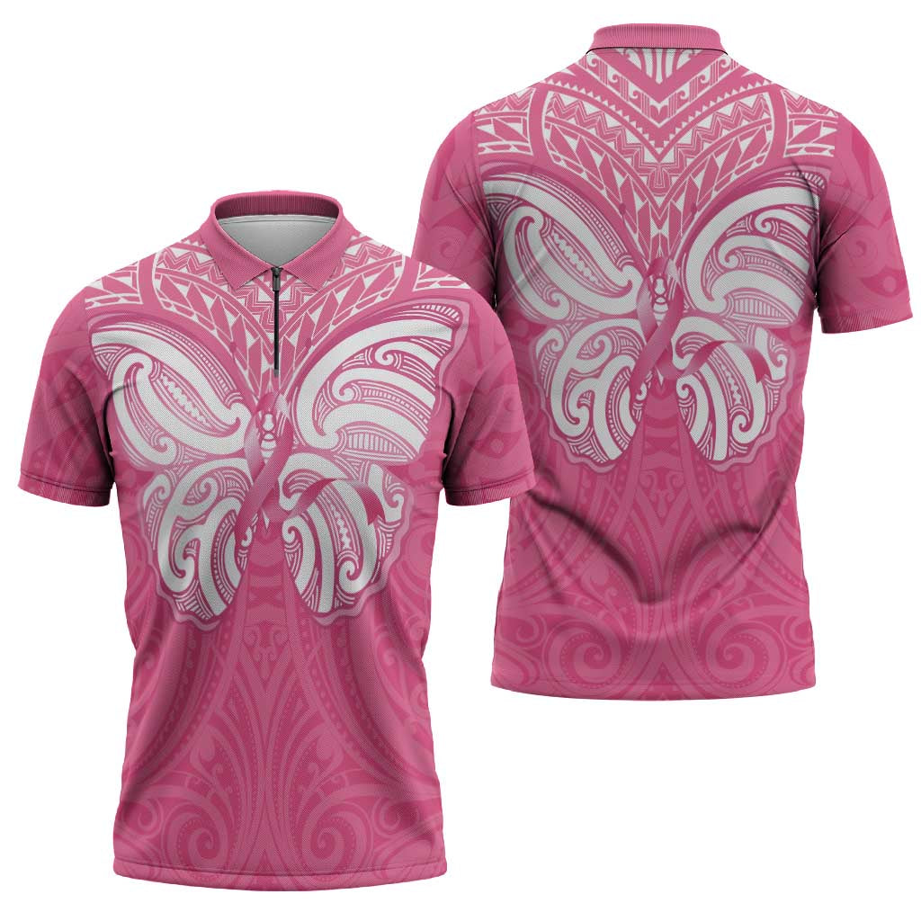 New Zealand Breast Cancer Awareness Zipper Polo Shirt Maori Butterfly Pink Ribbon - Polynesian Pride