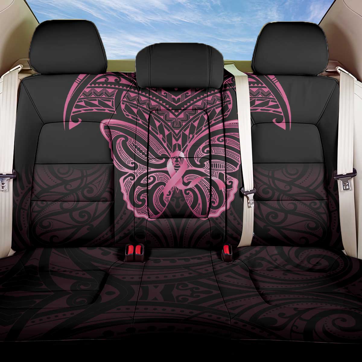 New Zealand Breast Cancer Awareness Back Car Seat Cover Maori Butterfly Pink Ribbon Black Version - Polynesian Pride