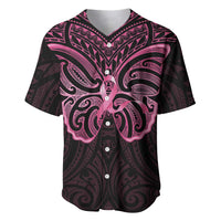 New Zealand Breast Cancer Awareness Baseball Jersey Maori Butterfly Pink Ribbon Black Version - Polynesian Pride