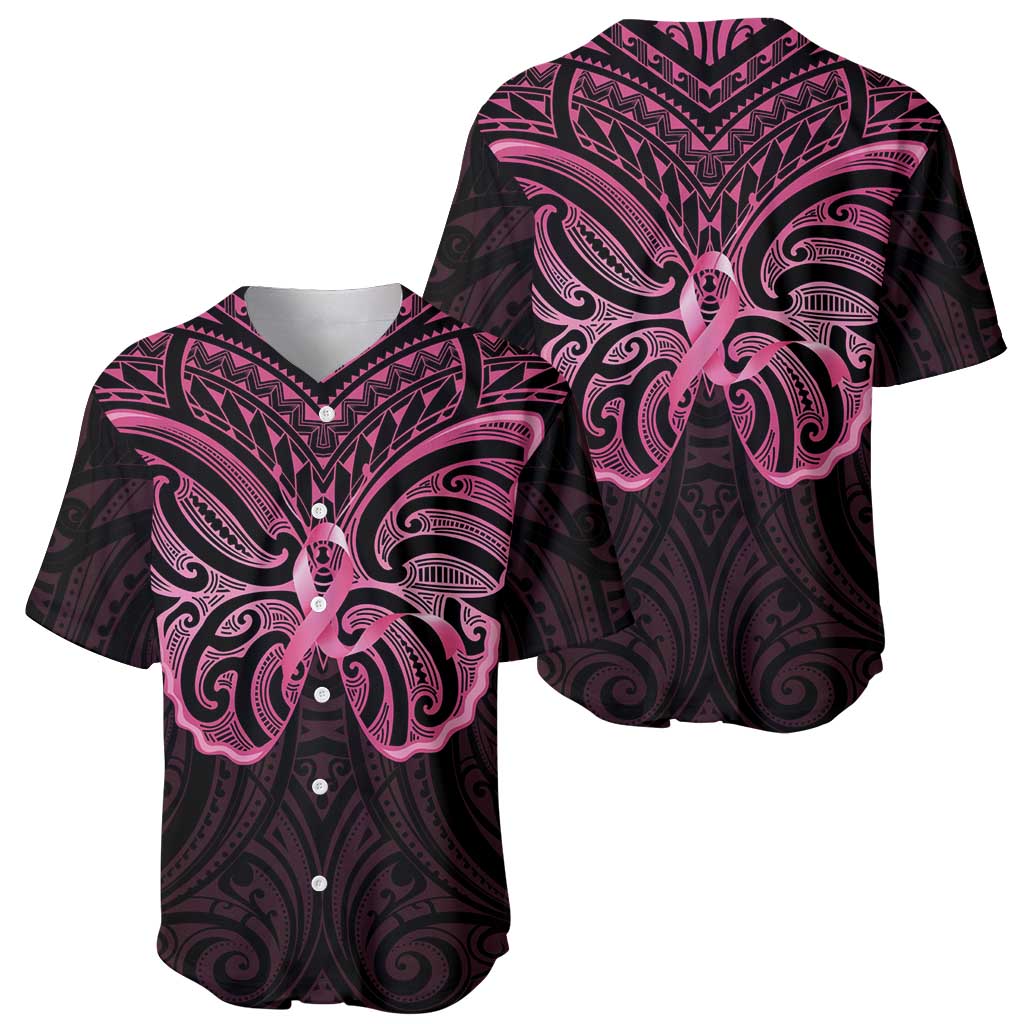 New Zealand Breast Cancer Awareness Baseball Jersey Maori Butterfly Pink Ribbon Black Version - Polynesian Pride