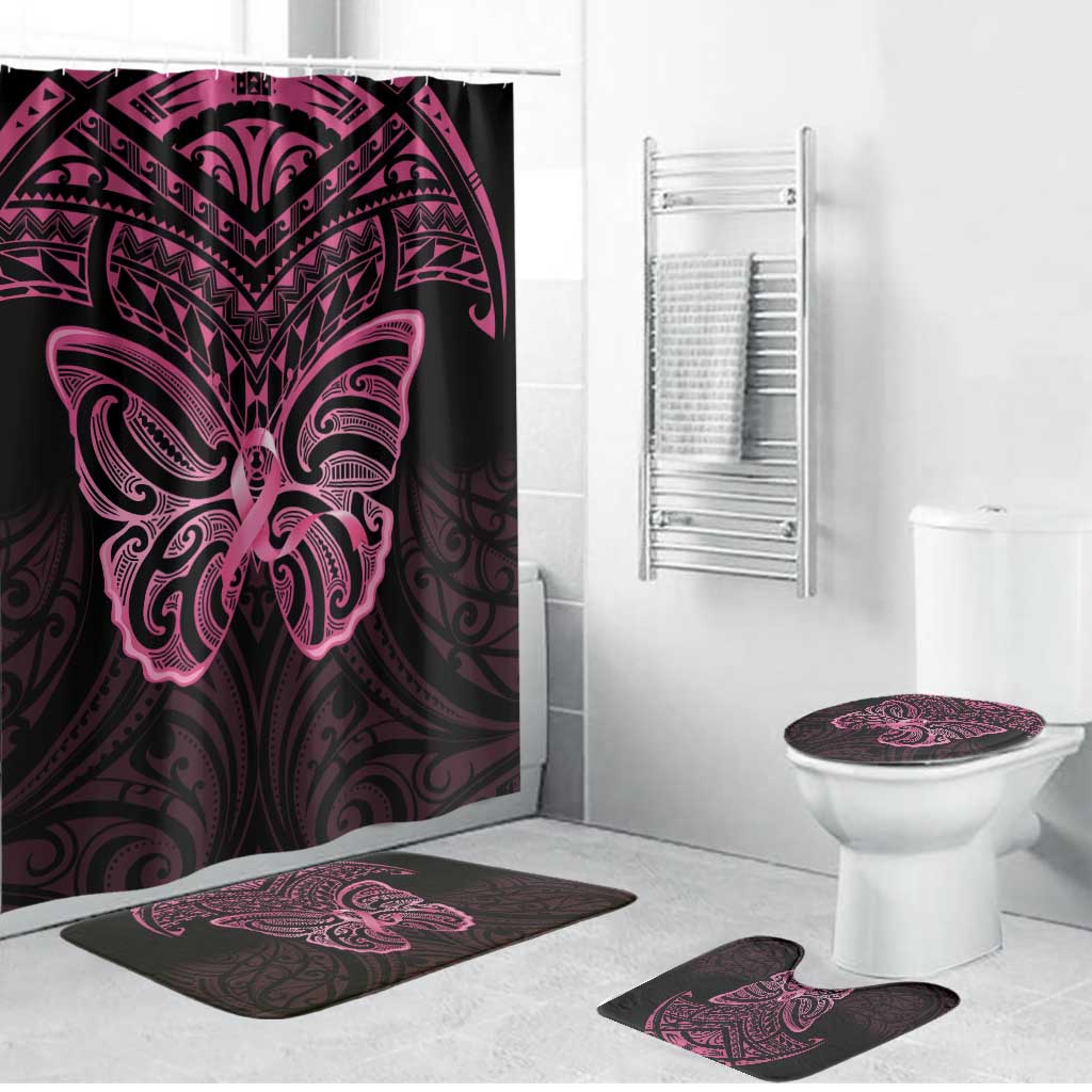 New Zealand Breast Cancer Awareness Bathroom Set Maori Butterfly Pink Ribbon Black Version - Polynesian Pride